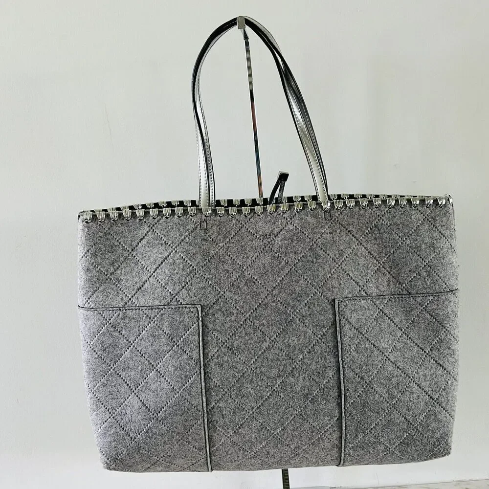 TORY BURCH Block T Light Gray Silver Felt Fabric Large Tote Bag